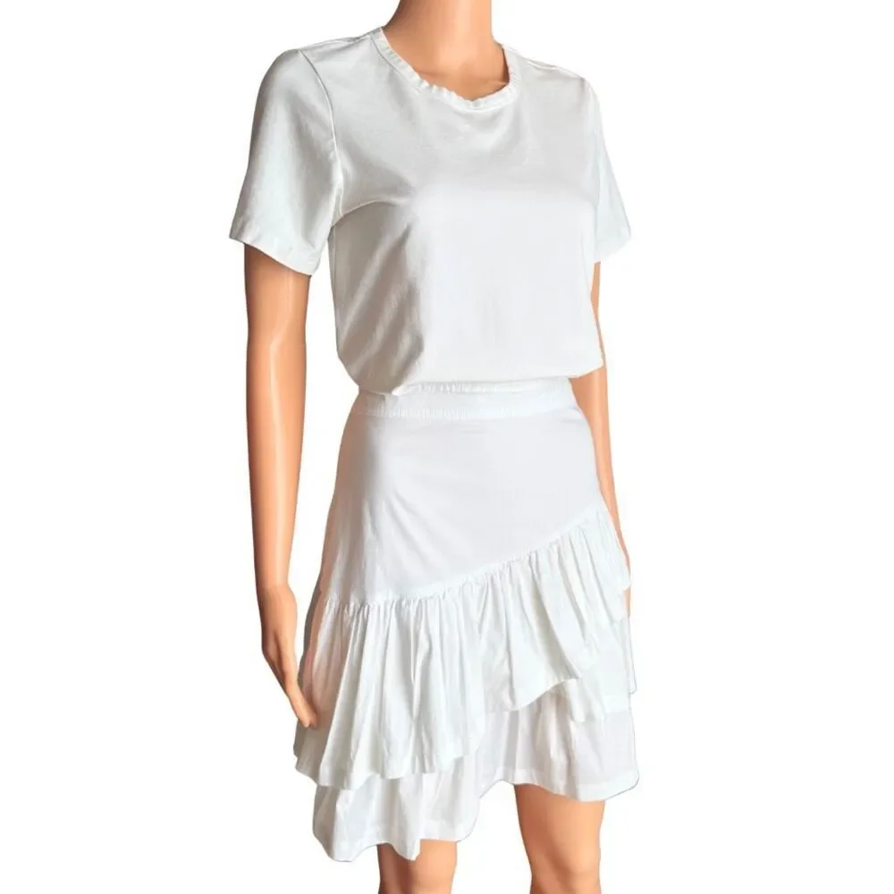 Veronica Beard White Mixed Media T-Shirt Ruffle Dress Small Asymmetrical Casual - Picture 4 of 8
